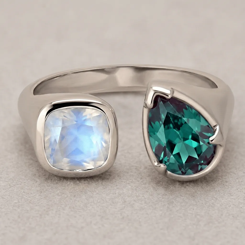 Art deco Toi et Moi ring: Moonstone and Alexandrite