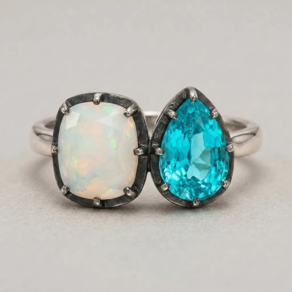 Art deco Toi et Moi ring: Opal and Tourmaline